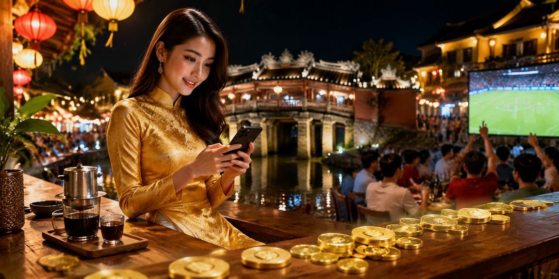 Người chơi tại Hội An mặc áo dài duyệt voucher casino trên điện thoại di động