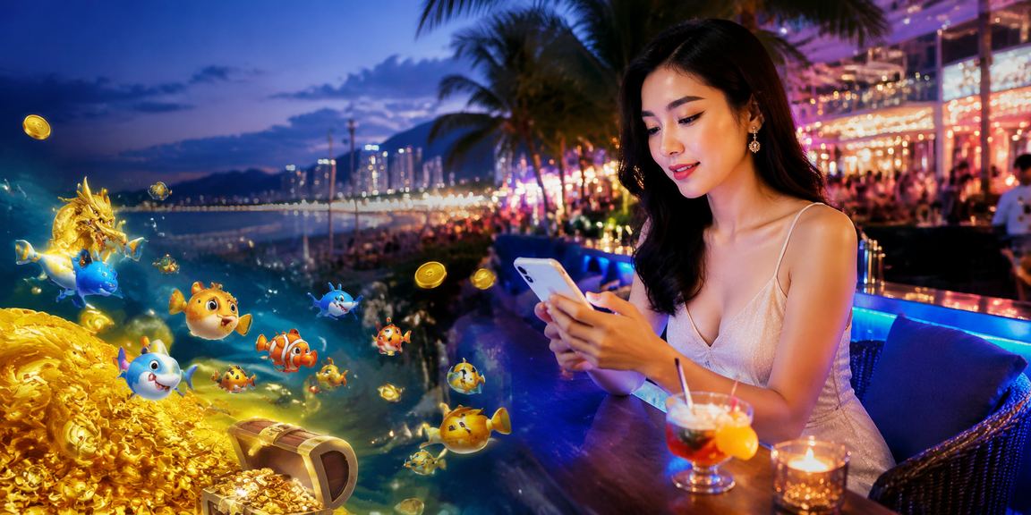 Người dùng chơi casino trên điện thoại tại bãi biển Nha Trang trong không khí thư giãn